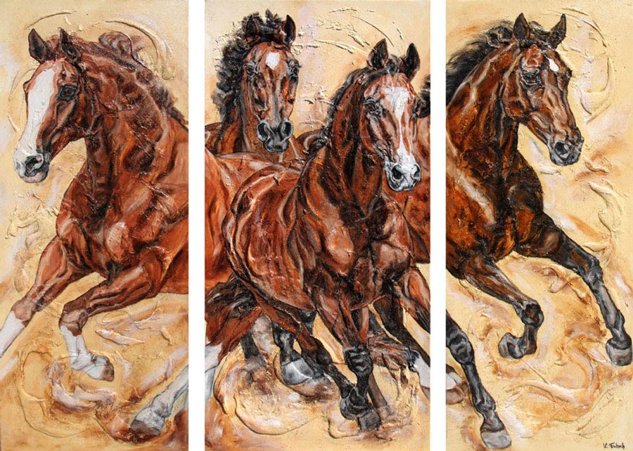 Horse herd running painting