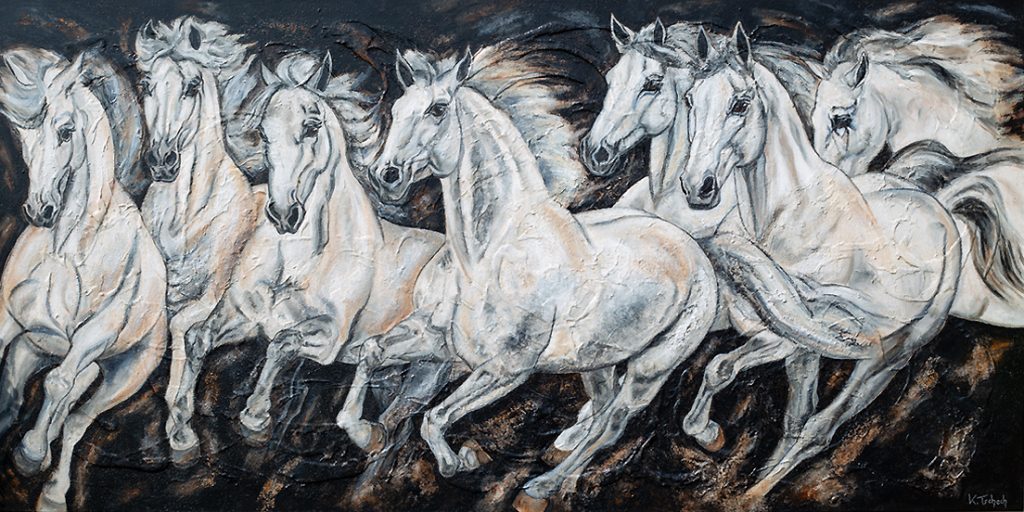 White horses herd painting